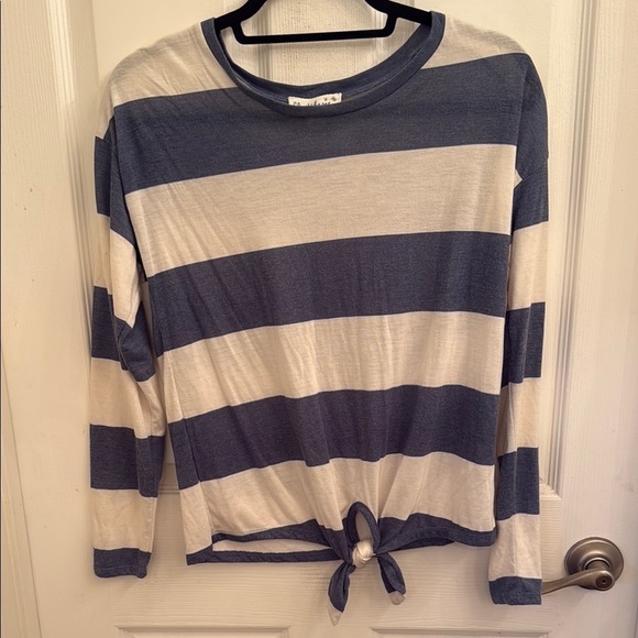 Cloud Chaser Tops - Cloud Chaser Blue and White Tie Front Long Sleeve T-Shirt